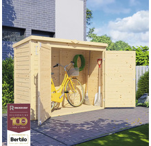 Open houten gereedschapsschuur met fiets, tuinslang, bezem en spade