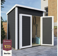 Tuinschuur met dubbele deur en tuingereedschap