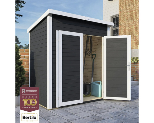 Tuinschuur met dubbele deur en tuingereedschap