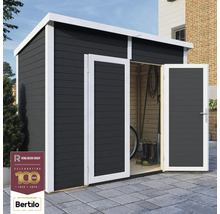 Tuinhuis met dubbele deur, houten structuur en Rowlinson Group Logo