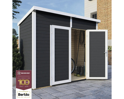 Tuinhuis met dubbele deur, houten structuur en Rowlinson Group Logo