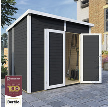 Tuinhuis met open dubbele deuren voor de opslag van tuingereedschap