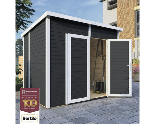 Tuinhuis met open dubbele deuren voor de opslag van tuingereedschap