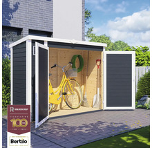 Open houten gereedschapsschuur met tuingereedschap en een fiets