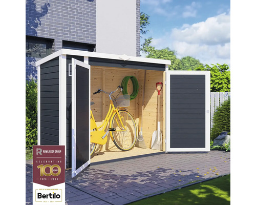 BERTILO Tuinkast Multi-Box 3 antraciet, 200x82x163 cm Open houten gereedschapsschuur met tuingereedschap en een fiets