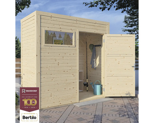 Houten tuinhuis met raam en open deur