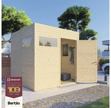 Houten tuinhuis met raam en open dubbele deur