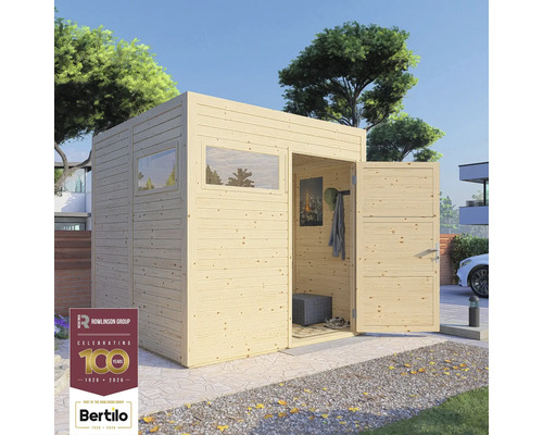 Houten tuinhuis met raam en open dubbele deur