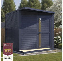 Modern tuinhuis met plat dak en een deur met een glazen inzetstuk.