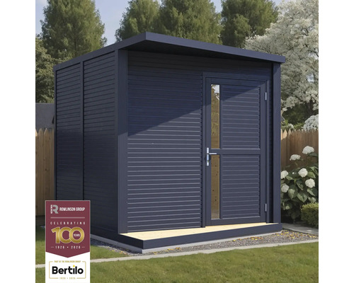 Modern tuinhuis met plat dak en een deur met een glazen inzetstuk.