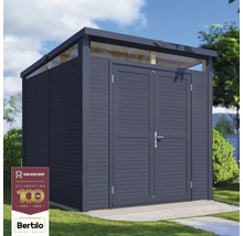 Houten tuinkast met dubbele deur op een gazon