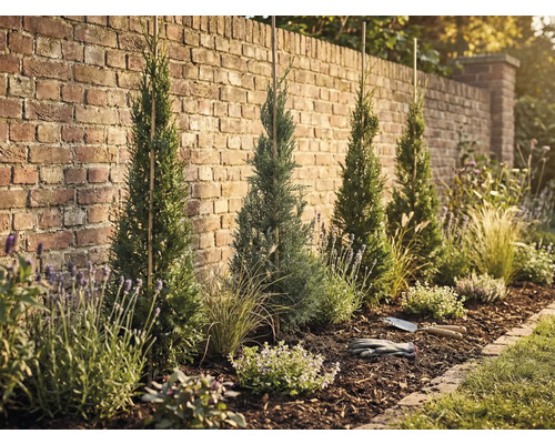 Aangelegde tuin met cipressen, lavendel en mulch