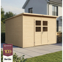 Houten tuinhuis met dubbele deur en plat dak