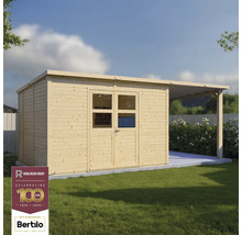 Houten tuinhuis met dubbele deur en afdak