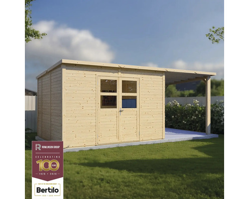 Houten tuinhuis met dubbele deur en afdak