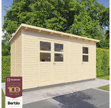 Houten tuinhuis met ramen en deuren voor bomen en Rowlinson Group Logo