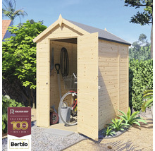 Houten tuinkast met open deuren en tuingereedschap erin