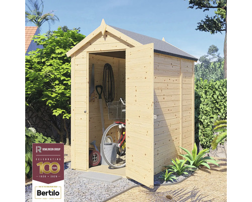 Houten tuinkast met open deuren en tuingereedschap erin