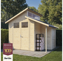 Houten tuinhuis met dubbele deur, ramen en houtrek