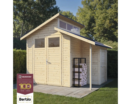 Houten tuinhuis met dubbele deur, ramen en houtrek