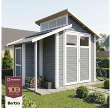 Tuinhuis met dubbele deur, raam en houtopslag onder de overkapping