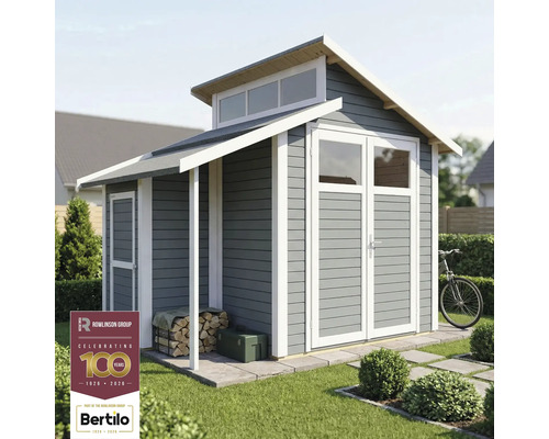 Tuinhuis met dubbele deur, raam en houtopslag onder de overkapping