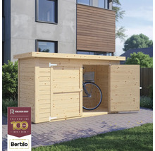 Houten fietsenschuur met open deuren en een fiets binnenin, Rowlinson Group Logo, Bertilo Logo