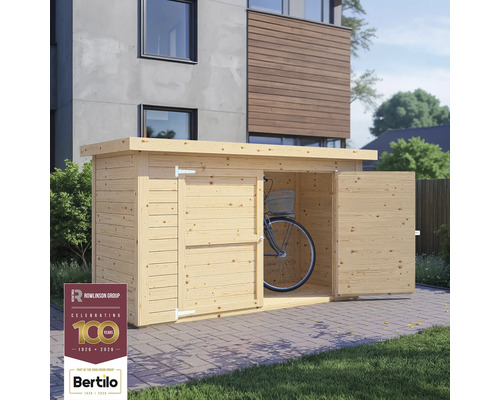 Houten fietsenschuur met open deuren en een fiets binnenin, Rowlinson Group Logo, Bertilo Logo