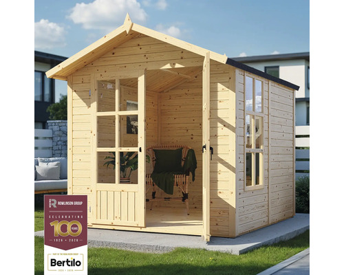 Houten tuinhuis met open deur en ramen