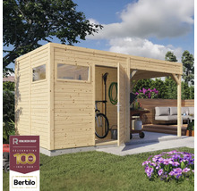 Tuinhuis met luifel voor het opbergen van tuingereedschap en fietsen