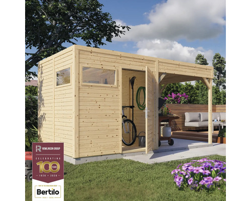 Tuinhuis met luifel voor het opbergen van tuingereedschap en fietsen