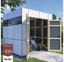 Modern tuinhuis met open houten deuren, interieur met quad en tuingereedschap, Rowlinson Group Logo