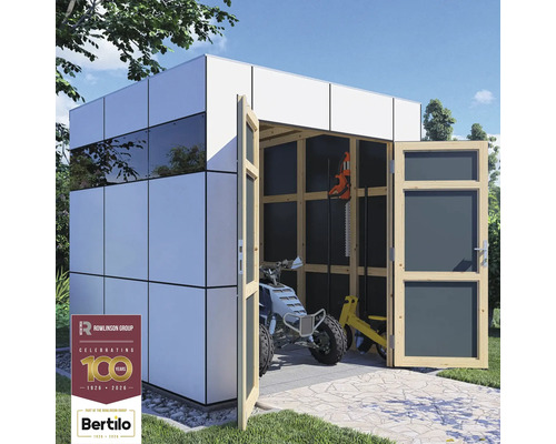 Modern tuinhuis met open houten deuren, interieur met quad en tuingereedschap, Rowlinson Group Logo