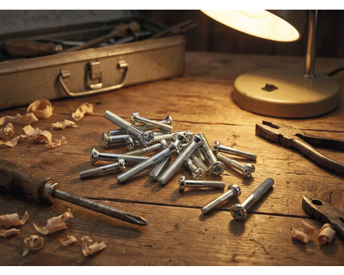 Werkplaatsopstelling met schroeven, schroevendraaier, tang, houtkrullen, gereedschapskist en lamp op een houten tafel