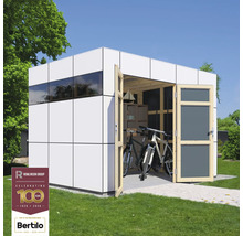 Modern tuinhuis met fietsen en planken