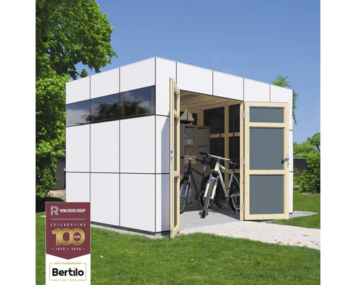 Modern tuinhuis met fietsen en planken