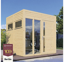 Houten tuinkantoor met ramen en deur, plus Rowlinson Group-logo en Bertilo-logo.