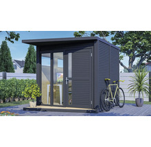 Modern tuinhuis met raam, deur en fiets aan de zijkant