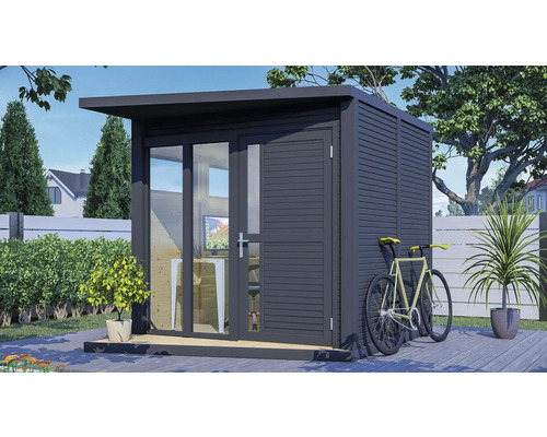 Modern tuinhuis met raam, deur en fiets aan de zijkant