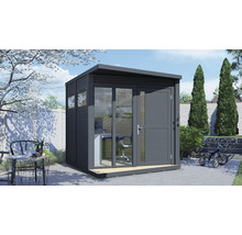 Modern tuinhuis met kantoormeubilair en glazen deuren