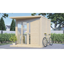 Houten tuinhuis met fiets in de tuin