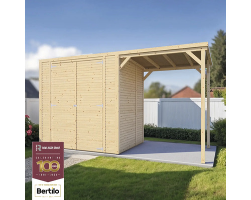 BERTILO Tuinhuis Cubico 2 Plus Fineline onbehandeld 373x157x208 cm Houten tuinkast met overkapping in de buitenlucht
