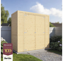 Houten tuinkast met dubbele deur in de tuin