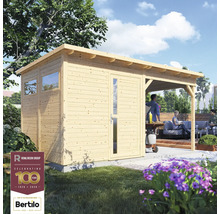 Houten tuinhuis met veranda en Rowlinson Group logo