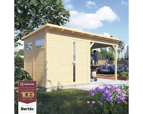 Houten tuinhuis met veranda en Rowlinson Group logo