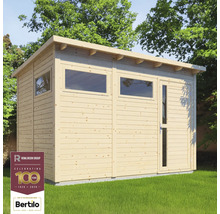 Houten tuinhuis met ramen en een deur