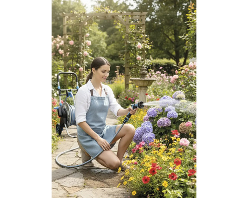 Vrouw besproeit bloemen met een tuinspuit in een bloeiende tuin.