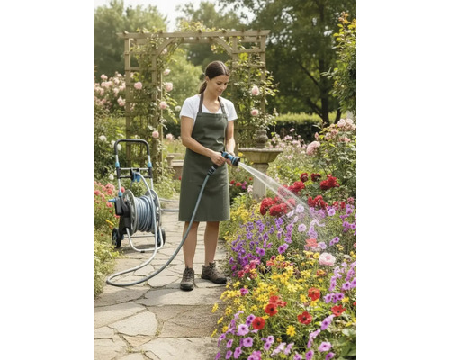 Vrouw besproeit bloemen met een tuinslang naast een slangenwagen in een bloementuin.