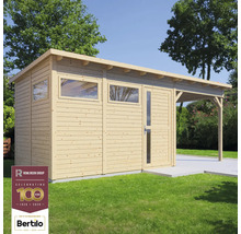 Houten tuinhuis met ramen en overkapping