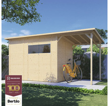 Houten tuinhuis met afdak en fiets